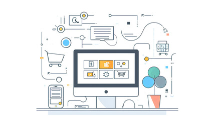 Illustration of an e-commerce platform in the flat design style with simple line art and white background.