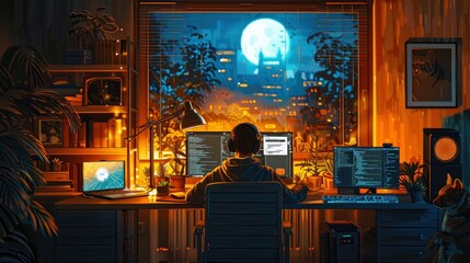 A photo of a developer in a cozy home office, with a pet nearby, balancing coding and comfort.