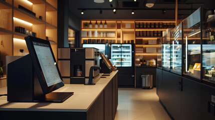 A modern coffee shop interior with sleek, black high-tech cash registers standing on the counter,
