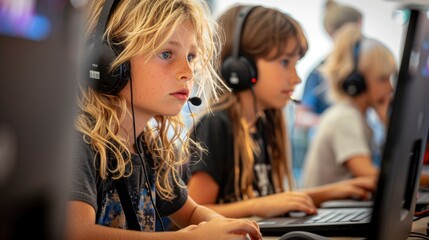 A coding workshop for children, with young participants eagerly learning the basics of coding on laptops.