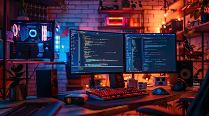 A professional coder's workspace with ergonomic equipment, dual monitors, and a clean, organized desk.