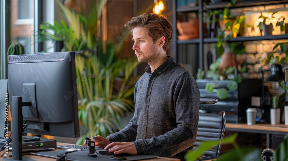 Poster a coder using a standing desk setup, with a modern office environment in the background, promoting a