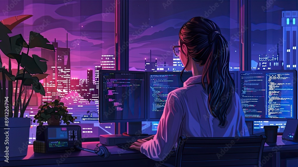 Poster a coder using a standing desk setup, with a modern office environment in the background, promoting a