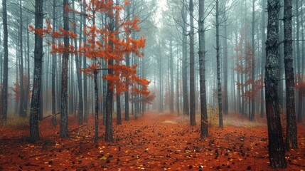 Enchanting Pine Forest in Mystical Fog - National Geographic Style Photography with Red Brown Fallen Leaves in Wide Angle View