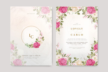 roses flowers with golden line wedding invitation card with creamy color background