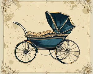 Fototapeta na wymiar New baby card with a vintage pram illustration an open area for text on the left side