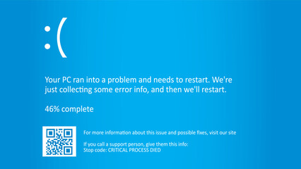 Interrupt request level classic blue screen of death error. Error device, software and hardware problem. Vector illustration.Blue screen of death background. BSOD system error message