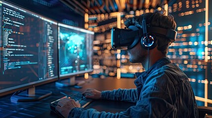 An image of a virtual reality setup with a coder interacting with code in a 3D space, showcasing innovative coding techniques.
