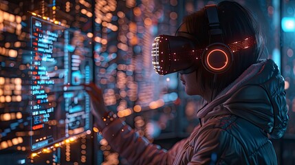 An image of a virtual reality setup with a coder interacting with code in a 3D space, showcasing innovative coding techniques.