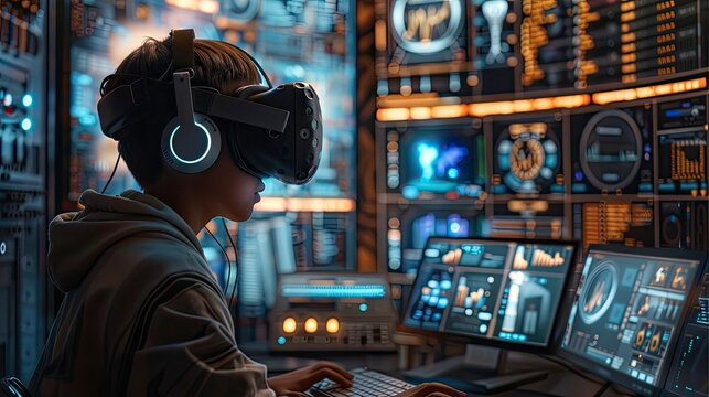 An image of a virtual reality setup with a coder interacting with code in a 3D space, showcasing innovative coding techniques.
