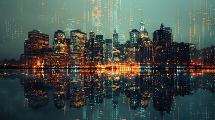 A night-time photo of a cityscape with code overlays, representing the invisible tech infrastructure supporting urban life.