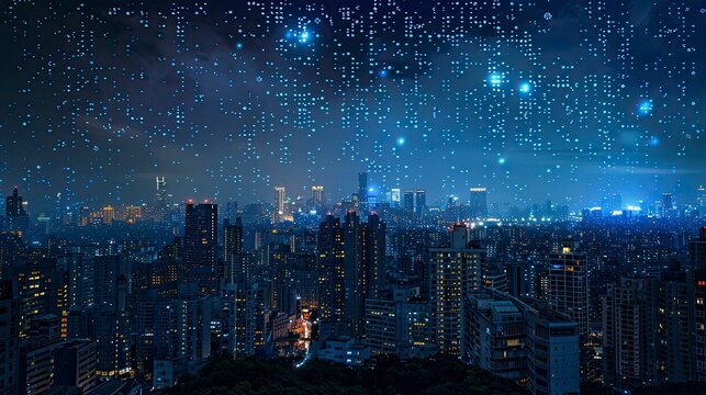 A night-time photo of a cityscape with code overlays, representing the invisible tech infrastructure supporting urban life.
