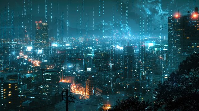 A night-time photo of a cityscape with code overlays, representing the invisible tech infrastructure supporting urban life.