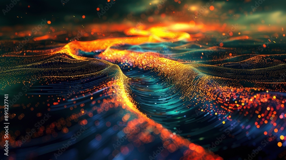 Poster a creative visualization of code flowing like a river through a digital landscape, symbolizing the d