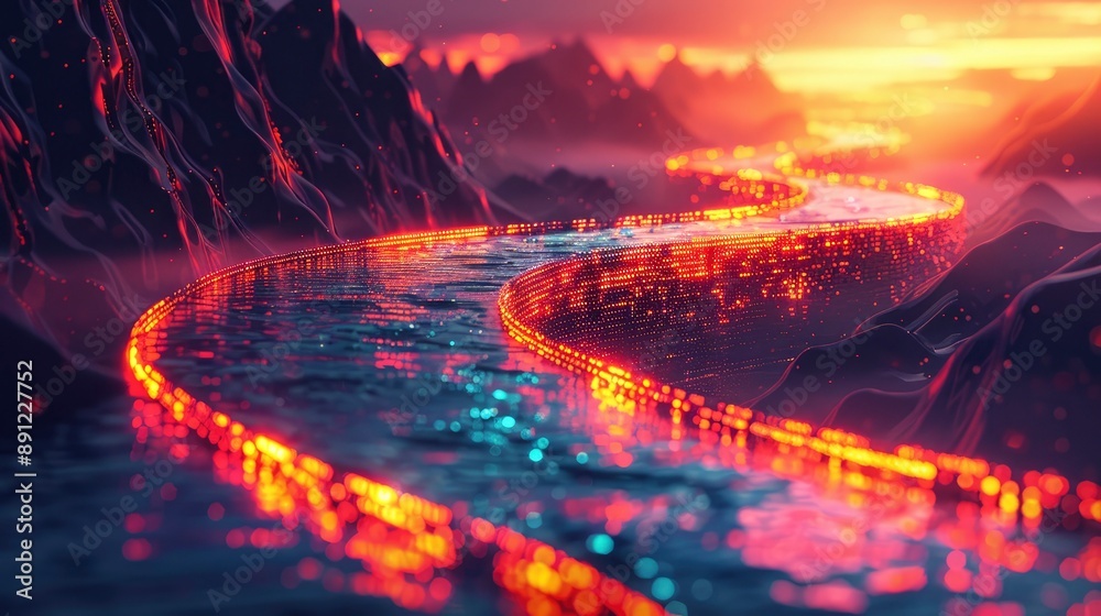Poster a creative visualization of code flowing like a river through a digital landscape, symbolizing the d