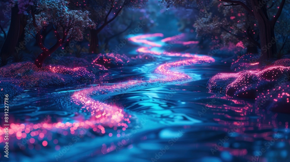 Poster a creative visualization of code flowing like a river through a digital landscape, symbolizing the d