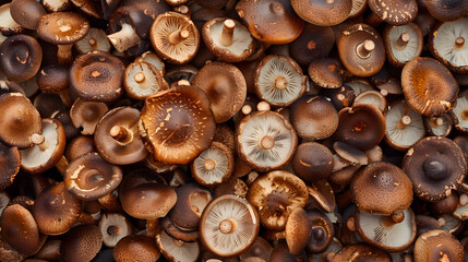 Overhead view of numerous brown mushrooms, showcasing a variety of shapes and sizes. Perfect for themes related to nature, food, and foraging.