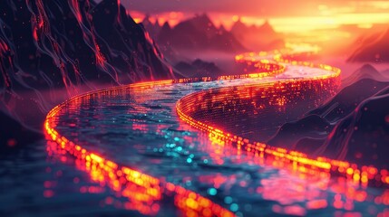 A creative visualization of code flowing like a river through a digital landscape, symbolizing the dynamic nature of coding.