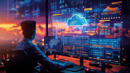 A coder working on a cloud computing project, with multiple screens showing cloud infrastructure and code deployment processes.