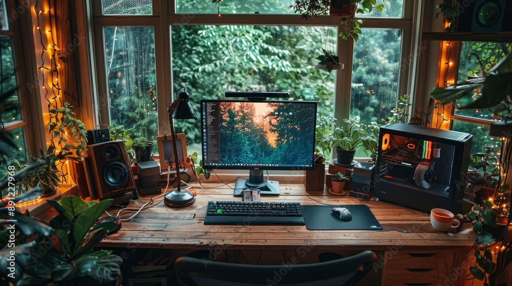 Poster a photo of a coder's workstation set up in a cozy corner with a large window, natural light, and a s