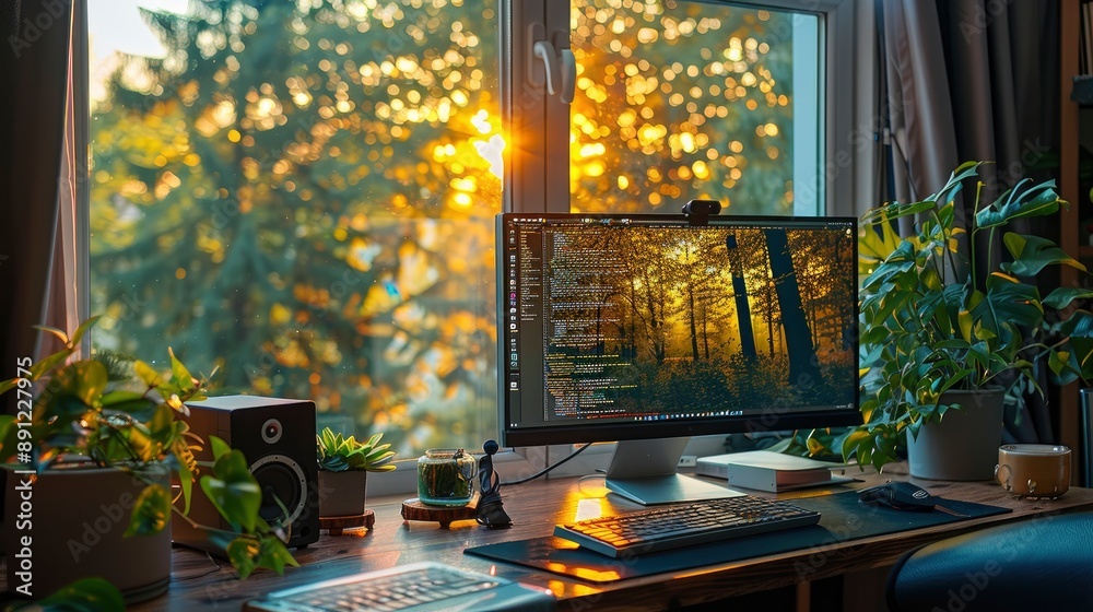 Poster a photo of a coder's workstation set up in a cozy corner with a large window, natural light, and a s