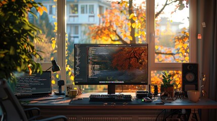 A photo of a coder's workstation set up in a cozy corner with a large window, natural light, and a scenic view.