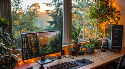 A photo of a coder's workstation set up in a cozy corner with a large window, natural light, and a scenic view.