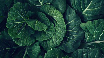 Obraz premium Close-up image of fresh green collard leaves, highlighting their rich texture and deep green color. Perfect for themes related to healthy eating, gardening, and organic produce.