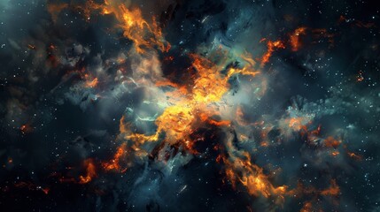 A colorful space scene with a yellow star in the middle