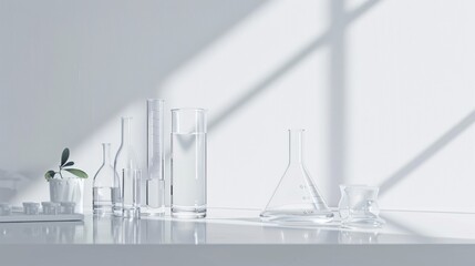 A table with a variety of glassware, including a vase, a beaker