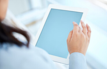 Screen, hands and mockup in office with tablet, research and scroll for online information. Workplace, business journalist and digital for blog review, access article and news topics for reading