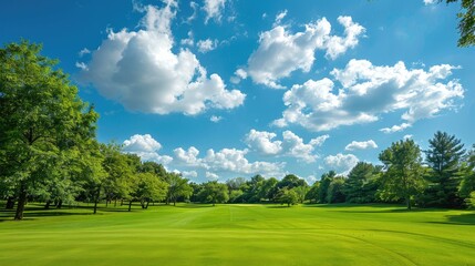 Green golf course with trees, blue sky, and beautiful clouds. Peaceful and idyllic outdoor scene