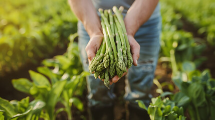 Close-up of hands holding a bunch of freshly harvested asparagus spears, set against a lush garden background. Perfect for themes related to gardening, farming, and organic produce.