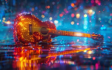 Acoustic Guitar with Glowing Bokeh Lights Background