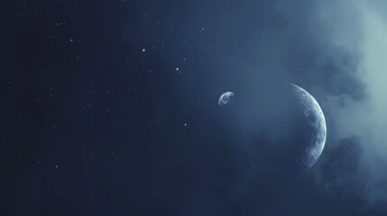 A blue sky with a large moon and a small planet