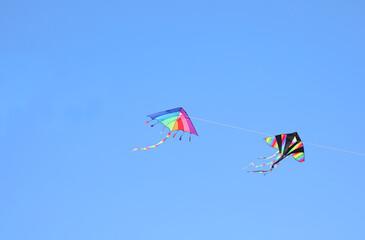 colorful kites with rainbow colors flying in the blue sky tied to a string
