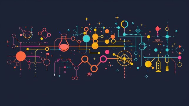 A colorful drawing of a bunch of scientific symbols and equations