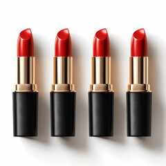 Fototapeta premium Four stylish red lipsticks in black and gold tubes lined up in a row against a white background. Perfect for beauty and makeup themes.