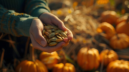 Close-up of hands holding pumpkin seeds with a background of scattered pumpkins in an autumnal setting.