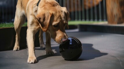 A dog interacting with a robotic ball that moves autonomously.