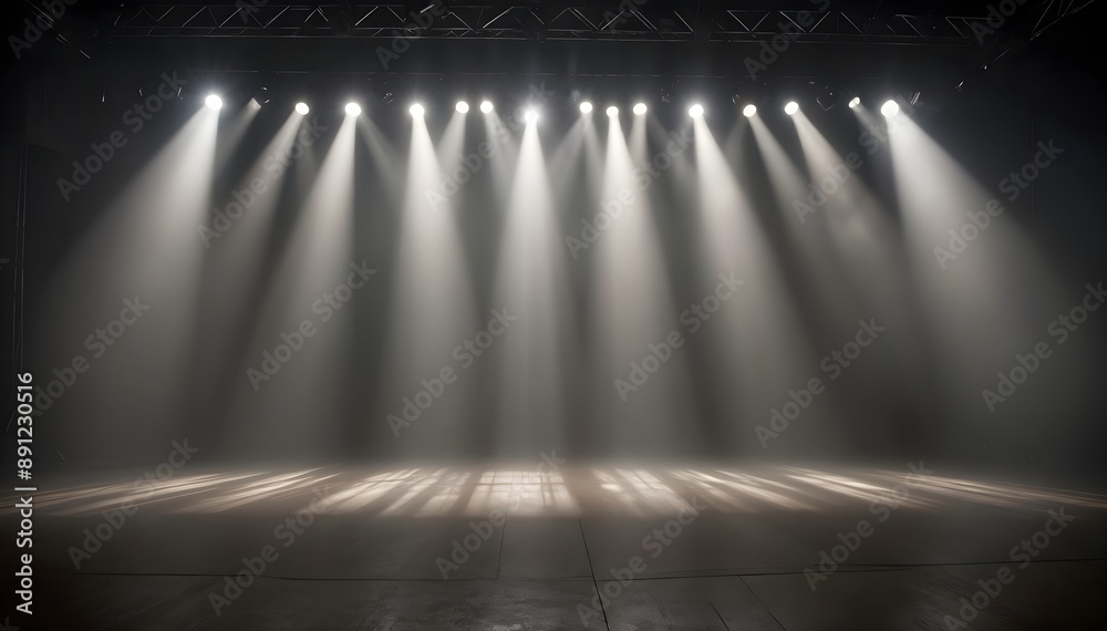 Wall mural a dimly lit stage with multiple beams of light shining down from above, creating a dramatic atmosphe