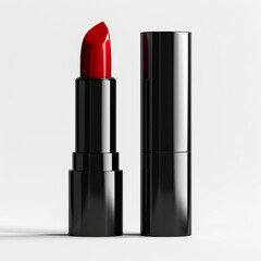 Obraz premium Sleek black and red lipstick tube, isolated on white background. Perfect for beauty, cosmetics, and makeup-related projects.