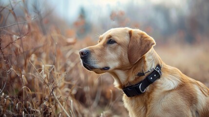 A dog wearing a smart collar that tracks its location and activity.