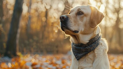 A dog wearing a smart bandana that monitors health.