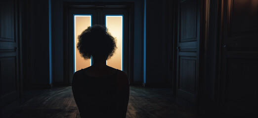 A lady standing at the door, having to make a decision, copy space, Generative AI.