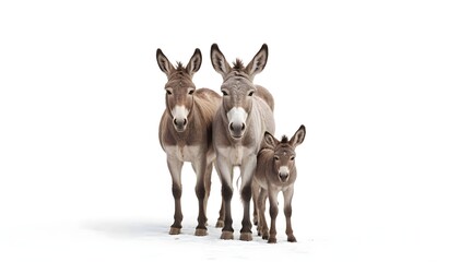 Three donkeys standing together, one adult male, one adult female, and one young donkey, all with grayish-brown fur and white markings on their faces, set against a plain white background