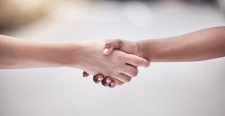 Solidarity, handshake and people in agreement for diversity, collaboration or respect for social support. Partnership, community and friends shaking hands for peace deal, connection and introduction.