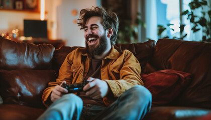 A guy playing video game in the living room, copy space, Generative AI.