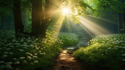 Obraz premium Sunbeams Through a Forest Path.