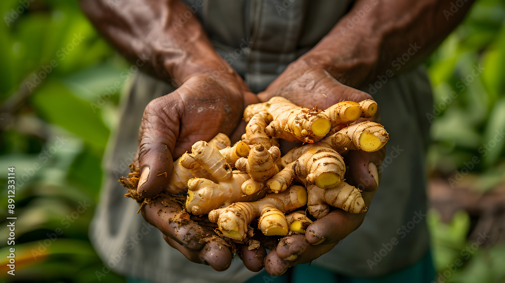 Wall mural close-up of a farmer's hands holding freshly harvested turmeric roots, symbolizing organic farming a